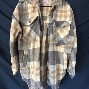 SO Plaid Shacket in Beige and Gray Tones